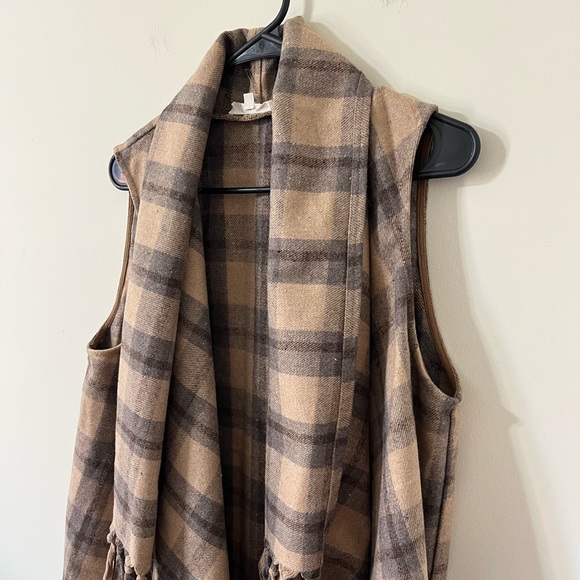 Entro Brown Plaid Fringe Sleeveless Drapey Open Front Wool Blend Vest Size M - Picture 3 of 9